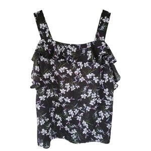 Banana Republic Factory Sz M Sleeveless Ruffle Trim Top Black Floral Office Y2k